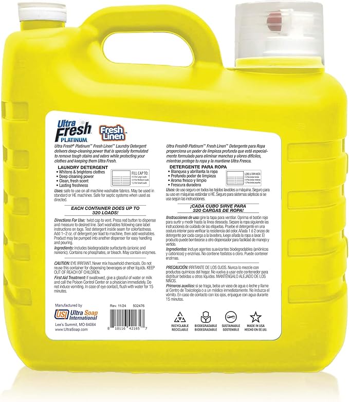 Ultra Fresh 2 Pack Platinum Liquid Laundry Detergent up to 320 Loads, Fresh Linen - Deep Cleaning Power and Fresh Scent for Washing Clothes
