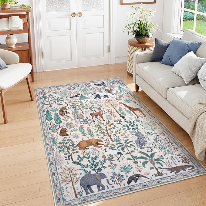 OJIA Jungle Print Washable Area Rugs 5x7, Soft Modern Rugs for Living Room Ultra-Thin Non-Shedding Bedroom Rug, Stain Resistant Neutral Area Rug Large Carpet for Dining Room Kids Nursery Playroom