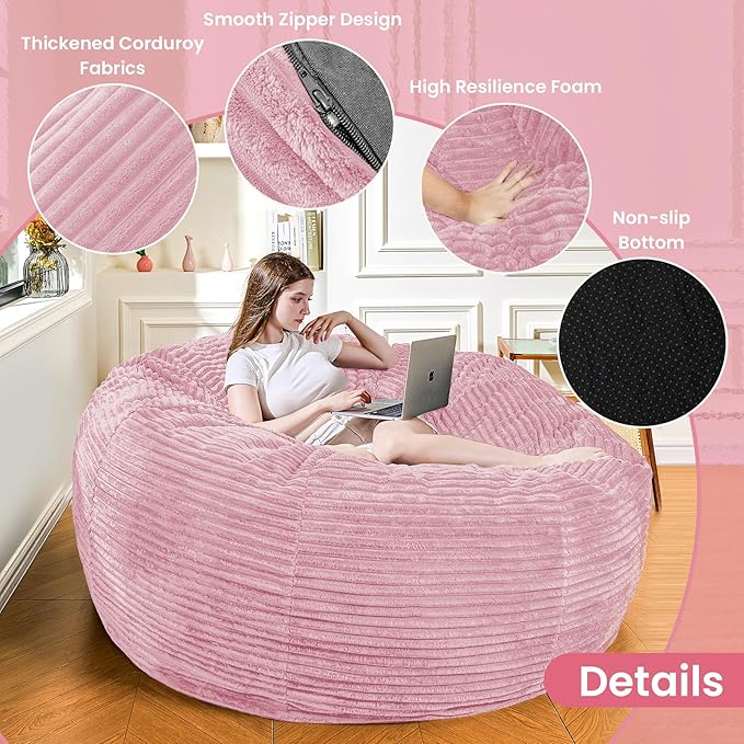 Large Bean Bag Chair, 5FT Giant Beanbag Chairs with Memory Foam Filled, Bean Bag Chairs for Adults, Ultra Soft Lazy Sofa for Living Room Bedroom (Pink)