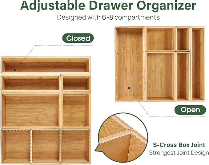 Kootek Bamboo Drawer Organizer with Removable Dividers, 6 Pcs Adjustable Kitchen Drawer Organizer Utensils Bamboo Organizers Silverware Storage Box Cutlery Tray Multi-Use for Bathroom, Makeup, Office