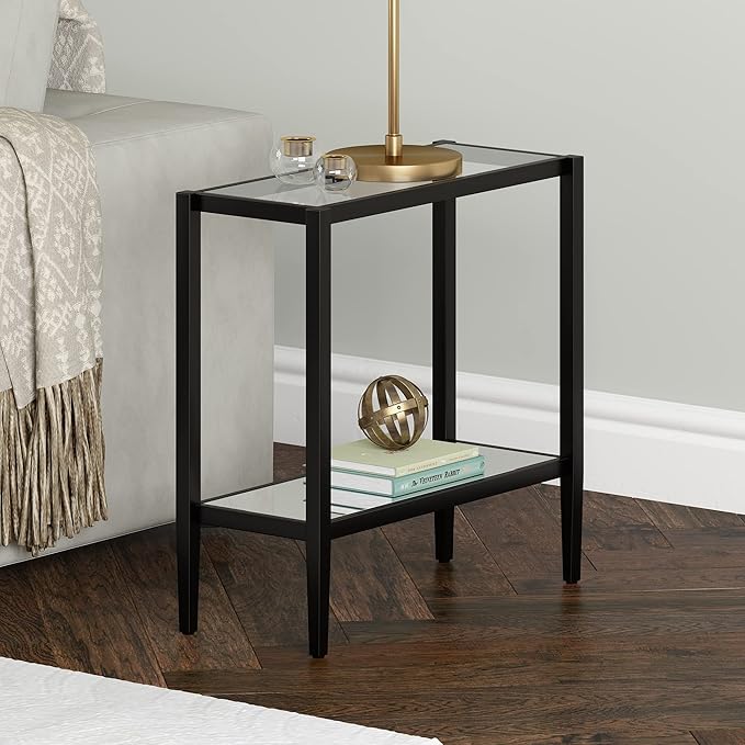 Henn&Hart 24" Wide Rectangular Side Table with Glass Shelf in Blackened Bronze, Table for Living Room, Bedroom