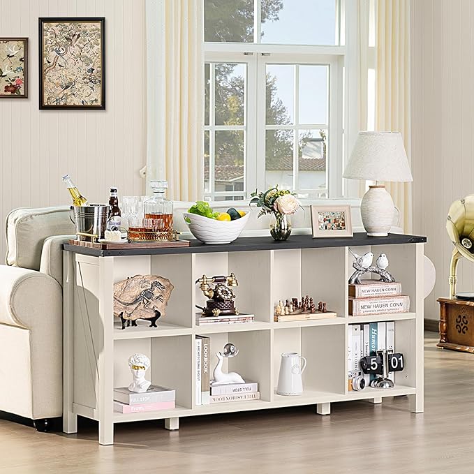 8 Cube Book Shelf, Farmhouse Wood Long Storage Organizer Bookcase, 62" Horizontal Antique White & Black Console Bookshelf, Kids Toy Storage Cabinet, Modern Open Book Case for Playroom, Office