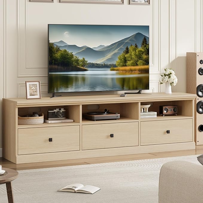 IDEALHOUSE 70in TV Stand for TVs up to 80", Mid Century Modern Entertainment Center with Storage Drawer and Open Shelves, TV Console Media Cabinet for Living Room, Bedroom (Light Oak)