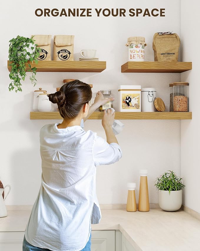 Marsmiles 24" Floating Shelves for Wall, Wooden Shelves with Invisible Brackets Set of 2, Rustic Farmhouse Wall Mounted Shelf for Kitchen Bathroom Living Room Study, Natural Oak