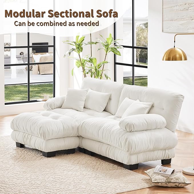 Loveseat Modular Sectional Sofa, L Shaped Couch with Ottoman, Cloud Couch Sectional Couch Home Sofa Living Room Oversized Couch Deep Seat Couch with Round Bolster Armrests 4 Pillows(White)