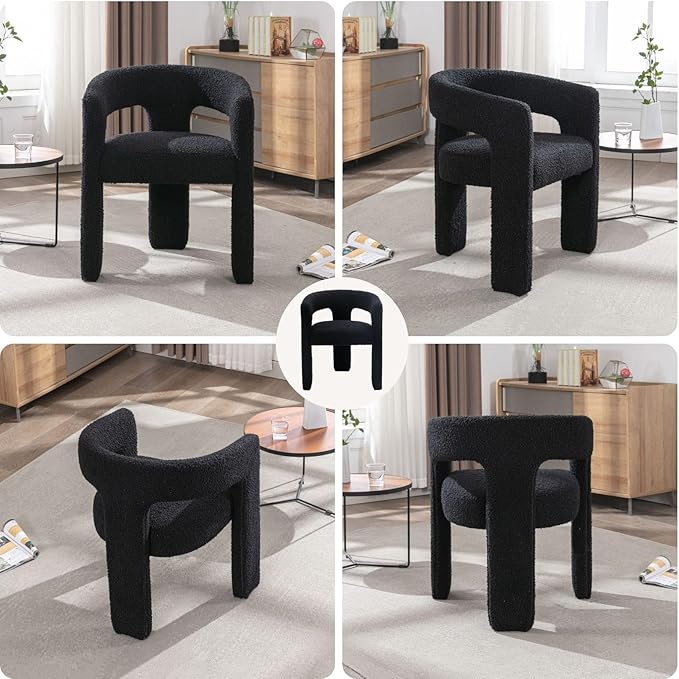 Black Sherpa Dining Chairs Set of 4, Modern Barrel Dining Room Chairs Upholstered Faux Fur Accent Chair with Arms and Round Back for Living Room Kitchen Armchair No Assembly Needed