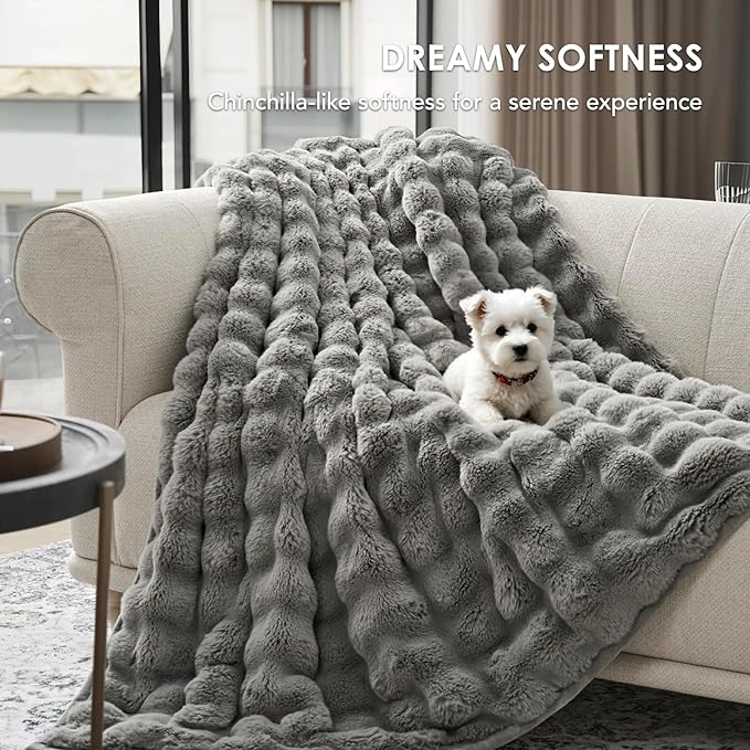 EVERGRACE Ultra Soft Luxury Fluffy Ridgeline Faux Rabbit Fur Throw Blanket, Thick Warm Bubble Throw for Bed, Cozy Plush Reversible Blankets for Couch, Chair, Sofa, Grey, 50x60 Inches, 870 GSM