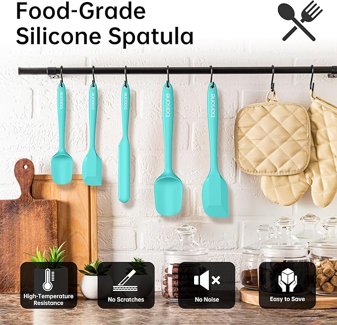 Barsone 5-Piece Silicone Spatula Set( Heat Resistant 446°F Food Grade BPA Free, Nonstick Cookware Safe Dishwasher Safe Kitchen Tools for Baking, Cooking, Stirring, Blue)
