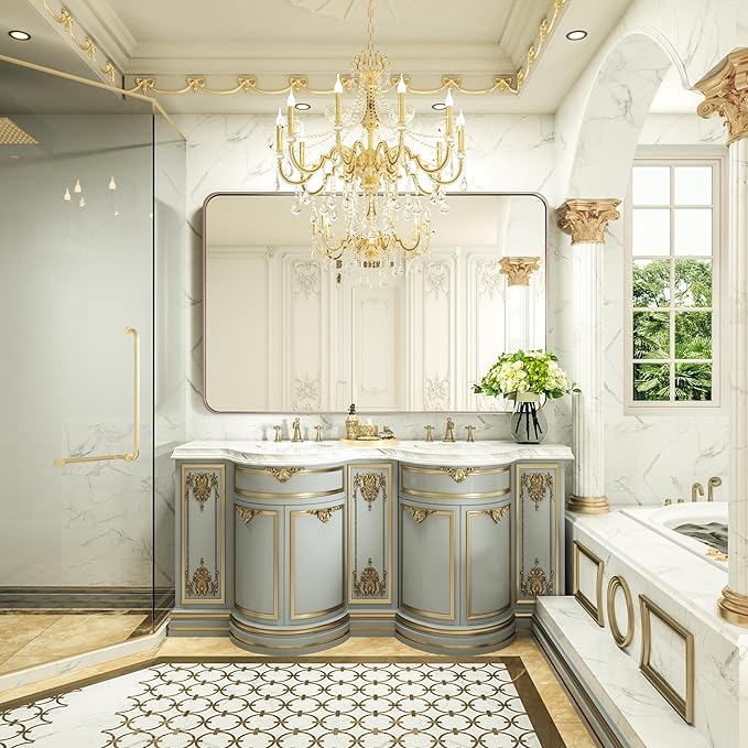 55 x 36 Inch Metal Framed Bathroom Mirror for Wall, Purple Gold Bathroom Vanity Mirror with Ribbed Texture Frame Modern Minimalist Large Rectangle Wall Mounted Mirror (Horizontal/Vertical)