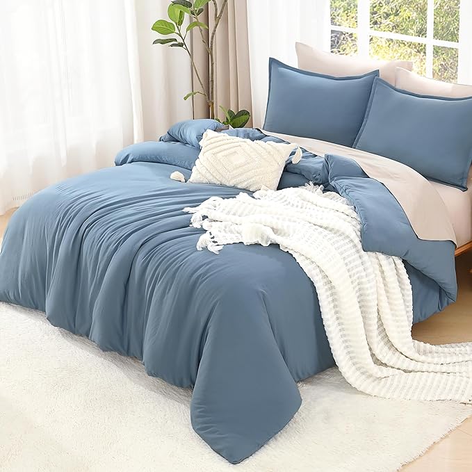 Litanika King Comforter Set Grayish Blue, 3 Pieces Lightweight Solid Bedding Comforter Set, All Season Fluffy Bed Set (104x90In Comforter & 2 Pillowcases)