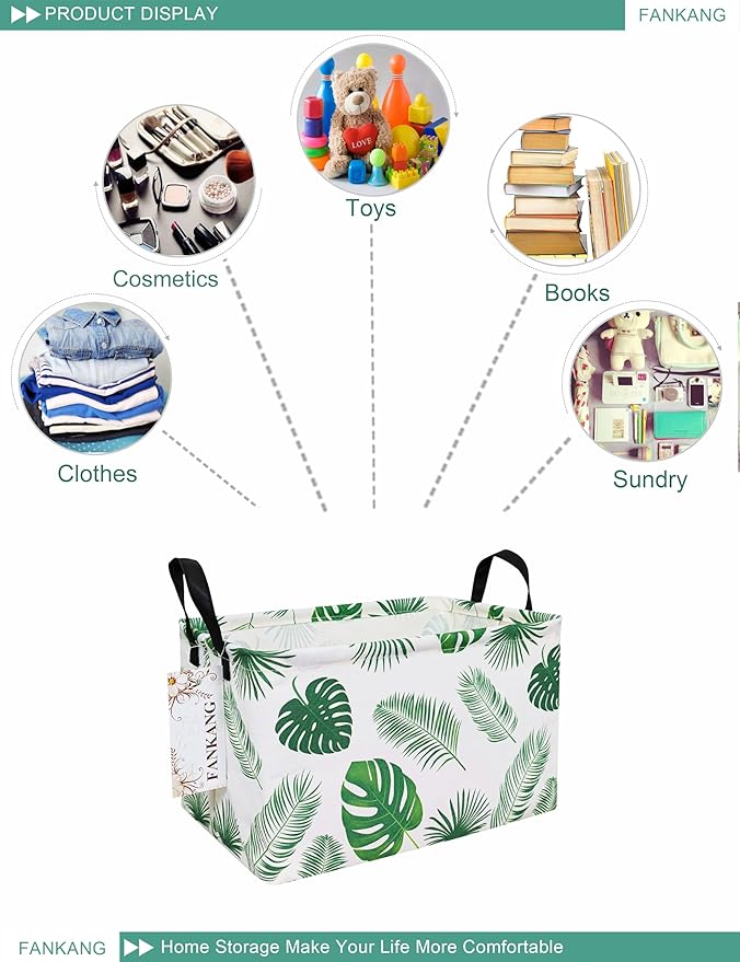 FANKANG Storage Bins, Nursery Hamper Canvas Laundry Basket Foldable with Waterproof PE Coating Large Storage Baskets for Kids Boys and Girls, Office, Bedroom, Clothes,Toys(Rec-Leaf )