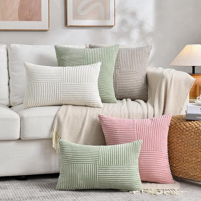 Fancy Homi 2 Packs Tan Lumbar Decorative Throw Pillow Covers 16x28 Inch for Living Room Couch Bed Sofa, Boho Home Decor, Soft Striped Corduroy Rectangle Accent Beige Cushion Case 40x70 cm