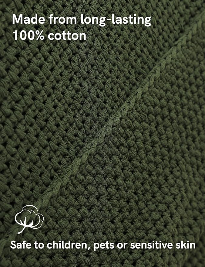 YnM Chunky Cotton Knit Throw Blanket, Cable Knit Throws for Bed Couch Sofa, Comfy & Relaxing, Decorative Piece for Farmhouse Modern Boho Rustic Scandinavian Chic Vibe, Pine Green 80x87 Inches