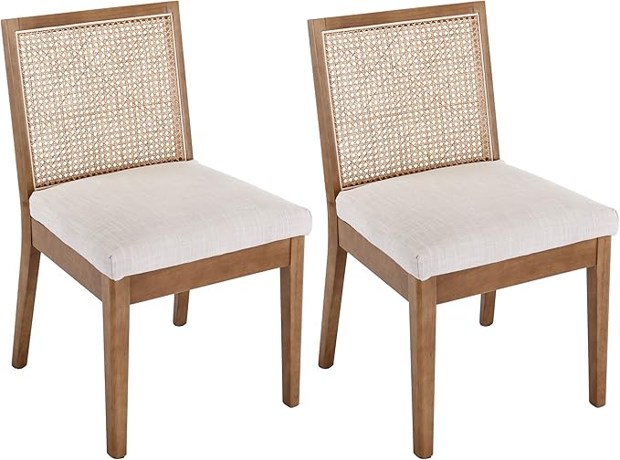 VESCASA Upholstered Dining Chairs with Square Rattan Back, Armless Padded Linen Cushion Dining Chairs with Wood Legs for Dining Room, Kitchen, Set of 2, Natural Frame