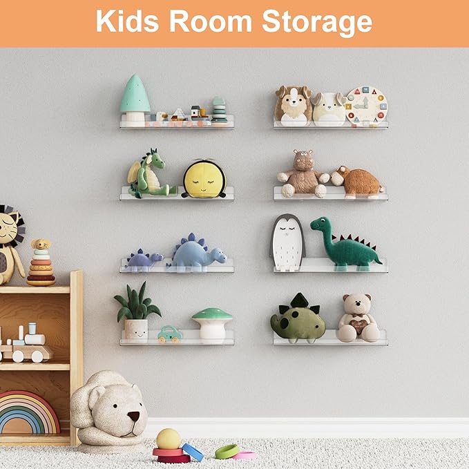 upsimples 16 Pack Acrylic Shelves for Wall Storage, 15" Floating Bookshelves for Kids, Display Shelf Organizer for Bathroom, Bedroom, Living Room, Kitchen, Room Decor, Clear