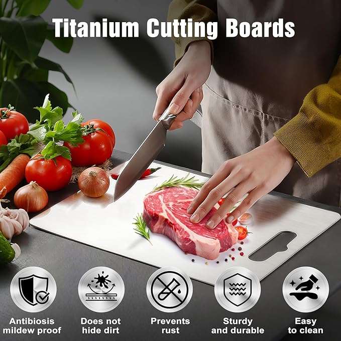 Titanium Cutting Board for Kitchen - 100% Pure Titanium Cutting Boards Non Toxic - 2025 New Upgrade Double Sided Metal Chopping Boards for Meat, Vegetables, Fruits, Dishwasher Safe (14 x 10 In)