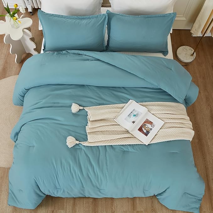 Litanika Comforters Grayish Teal Oversized Queen Size, 3 Pieces Lightweight Solid Bedding Comforter Set, All Season Fluffy Bed Set (98x98In Comforter & 2 Pillowcases)