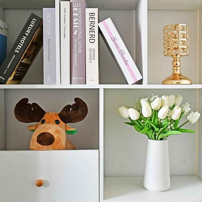 Mandy's Artificial Tulips 20 Stems White with 3pcs White Baby's Breath PU Faux Flowers for Wedding Home Decor 13.5 Inch