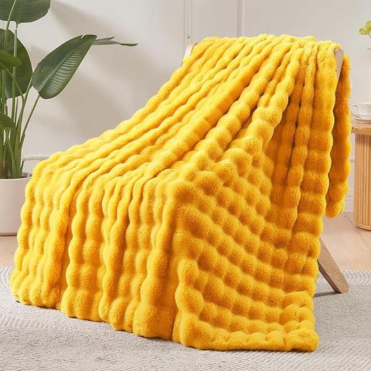 NEWCOSPLAY Faux Fur Twin Blanket Mustard Yellow Bubble Blanket Thick Warm Soft for Couch Sofa Bed 550GSM (Mustard Yellow, Twin(60"x80"))