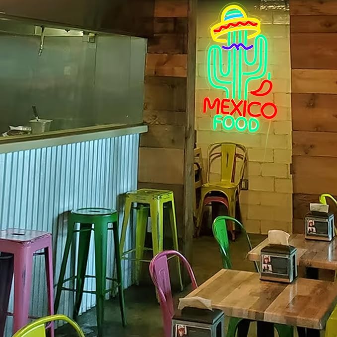 Mexican Food Neon Sign Cactus Neon Lights Dimable Colorful LED Mexican Art Lights Wall Decor for Mexican Restaurants Bars Food Trucks Unique Gift for Taco Enthusiasts Fiesta Parties (15×9.1inch)