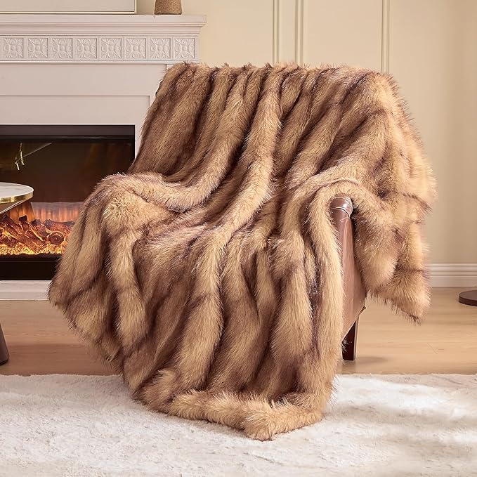 Fluffy Faux Fur Throw Blanket – Super Soft Warm Thick Plush Blanket for Bed, Couch & Office, Cozy Fuzzy Throw with Flannel Backing,108"x90", Brown