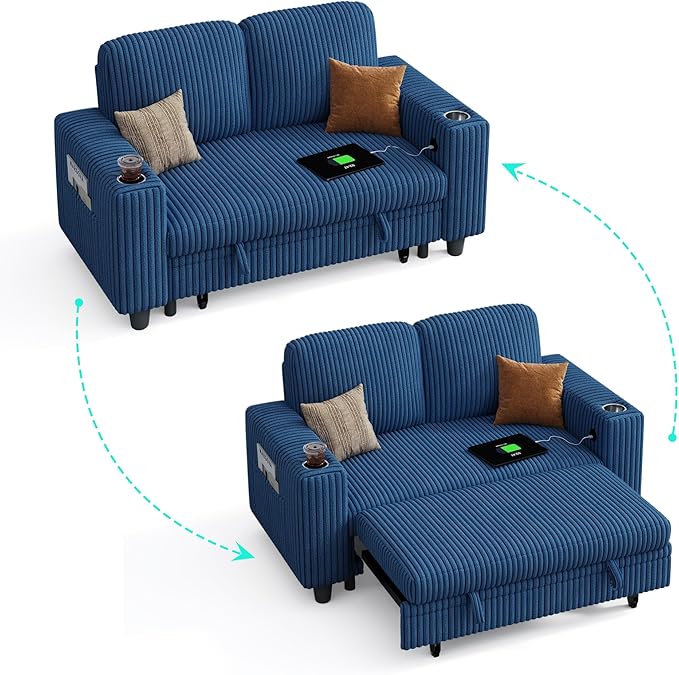 LINSY HOME Loveseat Sofa with Pull Out Couch Chaise: 2-in-1 Convertible 2 Seater Sofa with USB Charging & Cup Holders, Comfy Plush Corduroy Love Seat for Small Spaces Living Room Apartment, Blue