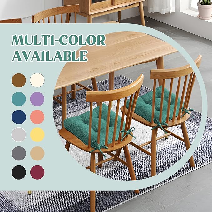 puredown® Chair Cushions for Dining Chairs, Tufted Memory Foam Chair Pads with Non-Slip Backing, Kitchen Seat Cushions with Ties, Washable Seat Pad Set of 4, 15.5" x 15.5" x 4", Green