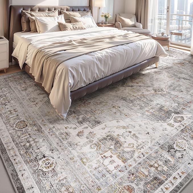 AMOAMI-4X6 Area Rugs for Living Room -Soft Vintage Bedroom Rugs-Non Slip Washable Rug-Throw for Living Room Bedroom Bedside Dining Room Office Grey