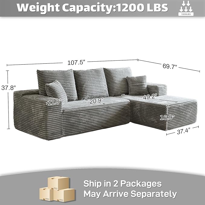 HYJT-H&K Modular Sectional Sofa Cloud Secttional Couch, 107" Comfy L Shaped Couches for Living Room, Deep Seat Memory Foam Fluffy Plush Corduroy Boneless Couch Sectionals Right Facing Sofa Chaise Grey