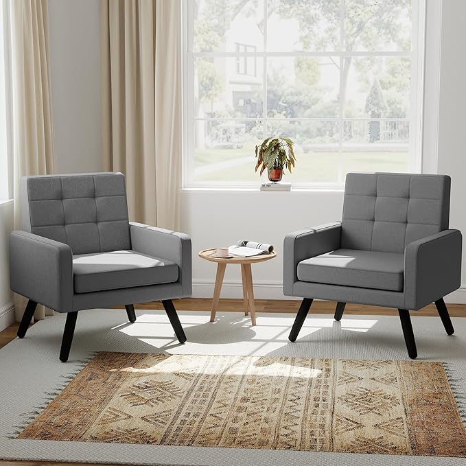 Kromax Mid-Century Modern Accent Chair Set of 2 for Living Room, 496 Lb. Weight Capacity, Dual Armrests, Comfy Extra Large Seat, Timeless Style Perfect for Reading & Relaxing, Light Grey