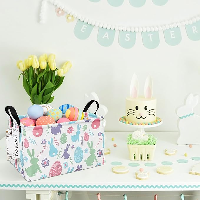 FANKANG Storage Bins, Nursery Hamper Canvas Laundry Basket Foldable with Waterproof PE Coating Large Storage Baskets for Kids Boys and Girls, Office, Bedroom, Clothes,Toys(Rec-Easter egg)