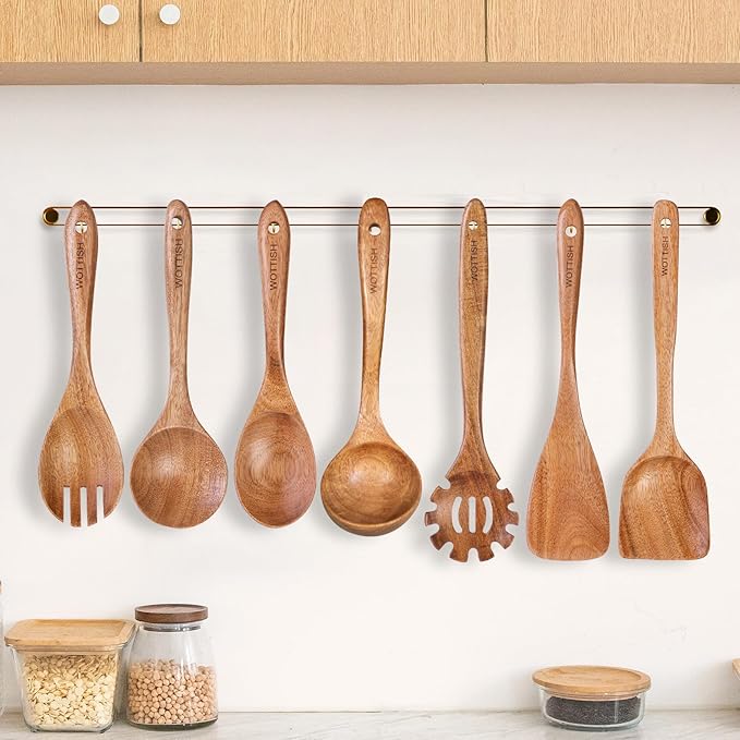 Wooden Utensil Set,WOTTISH 7Pcs Nonstick Wood Spatula,Wooden Kitchen Utensils Set Non Toxic,Wooden Spoons for Cooking(A07)