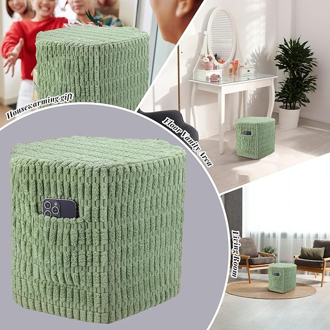 Hexagon Pouf Ottoman Stuffed with 2 Pockets & Handle, Comfort Corduroy Poufs, Non-Slip Foot Stool Storage Ottoman, Foam Floor Poufs Foot Rest for Couch, Bedroom (Green)