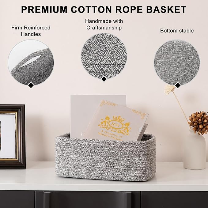 4 Pack Small Storage Shelf Baskets for Organizing, Mini Woven Rope Storage Bins for Towels, Cute Decorative Closet Organizer,Baby Nursery, Gift Empty Baskets -11.81''Lx7.87''Wx4.72''H-Grey