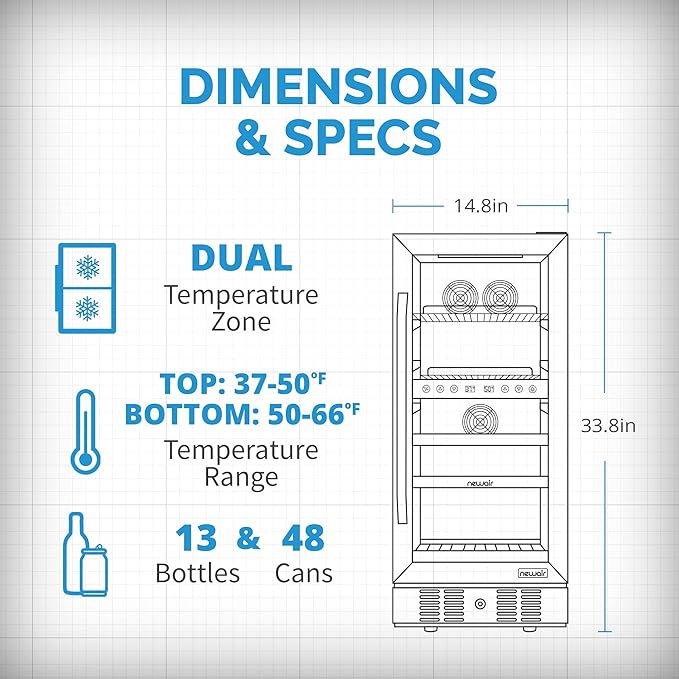 Newair 15" Wine and Beverage Refrigerator 9 Bottle and 48 Can Capacity, Beverage Cooler in Stainless Steel, Built-in or Freestanding Dual Zone Drink Fridge with Triple-Pane Glass Door