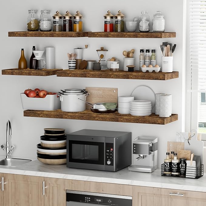 Fun Memories Floating Shelves - 2 Pack 12 Inch Deep Rustic Wooden Wall Shelves - Extra Deeper & Thicker Wall Mounted Storage Shelf for Living Room, Kitchen, Farmhouse - 24" W x 12" D x 1.5" H - Brown