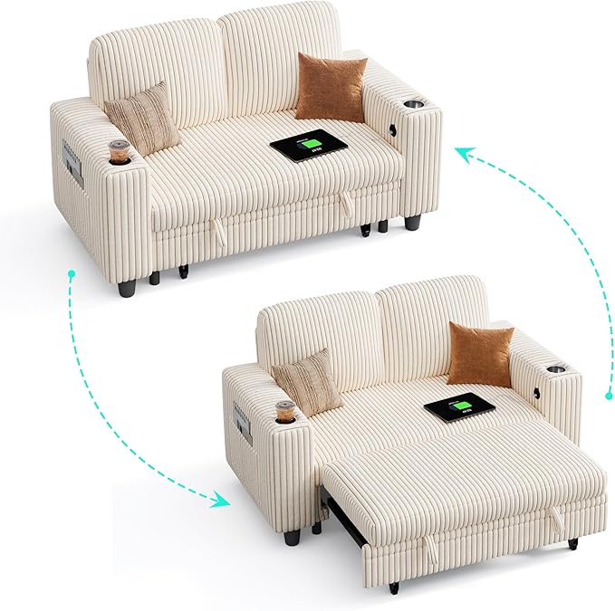 LINSY HOME Loveseat Sofa with Pull Out Couch Chaise: 2-in-1 Convertible 2 Seater Sofa with USB Charging & Cup Holders, Comfy Plush Corduroy Love Seat for Small Spaces Living Room Apartment, Beige