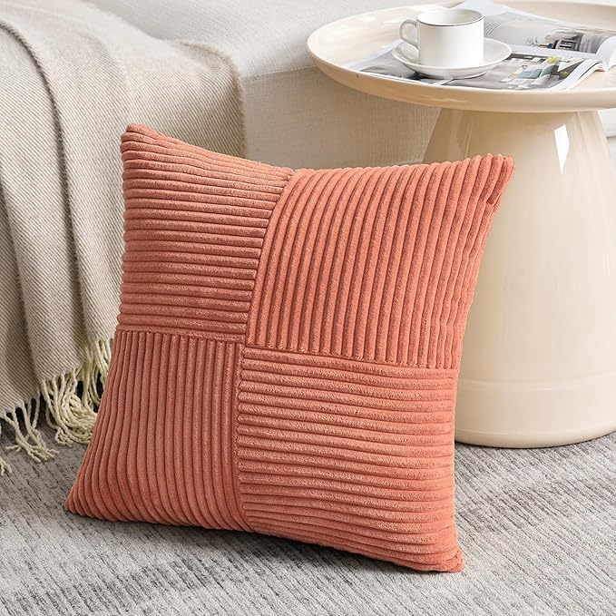 Fancy Homi 2 Packs Coral Decorative Throw Pillow Covers 18x18 Inch for Living Room Couch Bed, Rustic Farmhouse Boho Home Decor, Soft Corss Corduroy Patchwork Textured Peach Cushion Case 45x45 cm