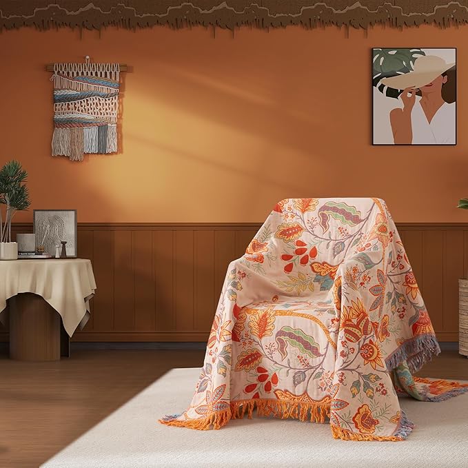 Boho Throw Blanket Twin Size, Soft Cozy Cotton Muslin Quilt Blanket for Bed Decor, Floral Patterned Couch Sofa Chair Cover, Vintage Farmhouse Cottage Tapestry Woven Blanket, Coral&Green