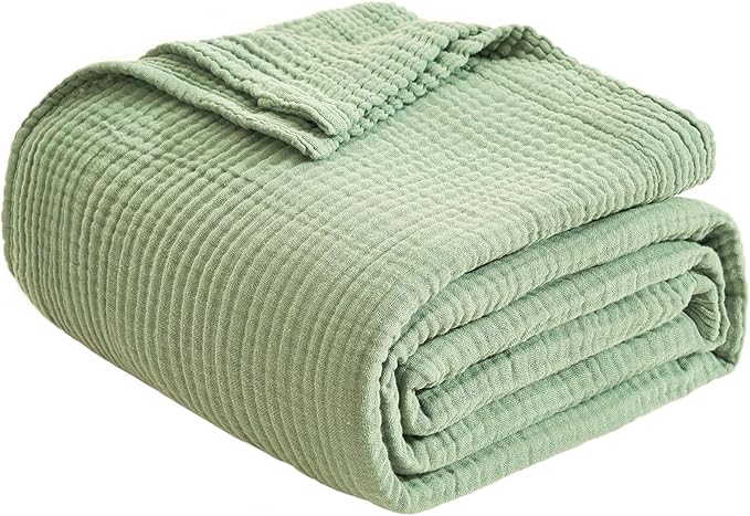 EMME Cotton Throw Blanket for Couch Soft Airy Muslin Bed Blankets Lightweight Breathable Blanket All Season Gauze Blanket, Sage Green