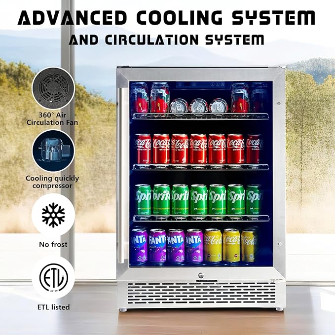 Albott Beverage Refrigerator-24 In fridge with Glass Door, Adjustable Shelves and LED Touch Panel, Under Counter Design for Wine Beer, Built-In or Freestanding Use, 34-64℉