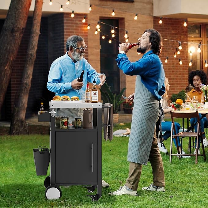 KEIKI Outdoor Grill Cart with Storage and Wheels, Rolling BBQ Prep Table with Spice Rack, Hooks, and Side Handles, Black Metal Bar Cart for Patio Kitchen and Grilling Accessories