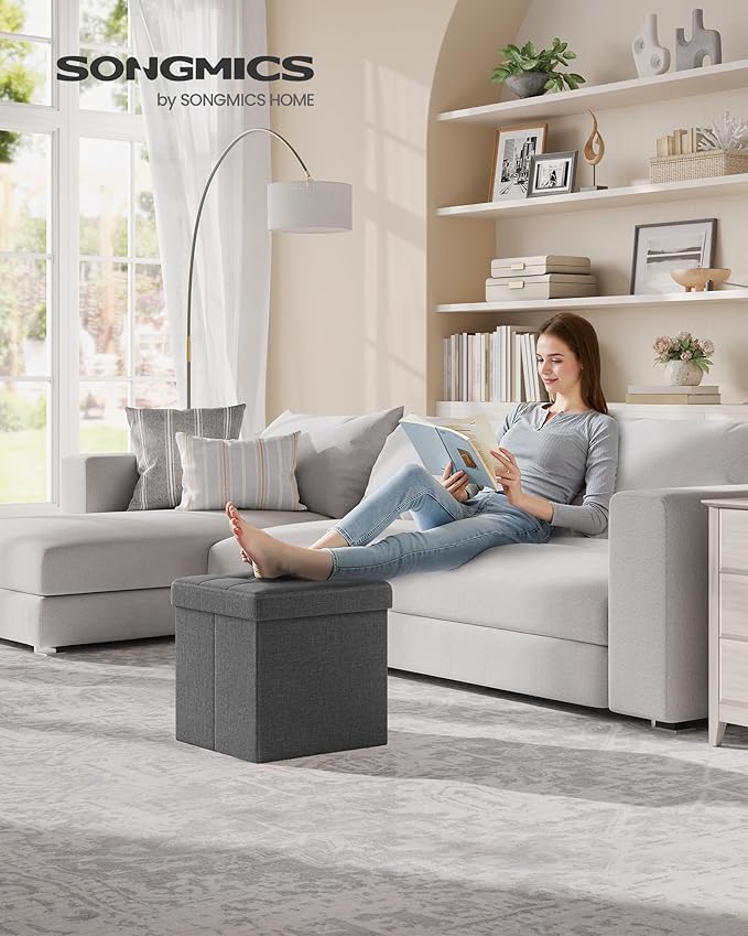 SONGMICS Folding Storage Ottoman Bench,38 x 38 x 38 cm, Ottoman Foot Rest, End of Bed Bench, Storage Chest, Load 300 kg, for Living Room, Bedroom, Entryway, Dorm, Dark Gray ULSF27Z