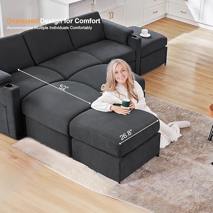 Modular Sectional Sofa Couches for Living Room Velvet Cloud Couch Oversized U Shaped Sectional Couch Convertible Sleeper Sofa Chaise Padded Armrests Cup Holder (Grey, 8 Seats)