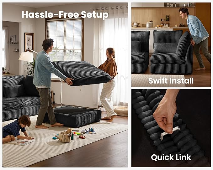 Oversized Modular Sofa, Extra Deep Cloud Corduroy Sectional Couch with Ottoman Chaise, Fluffy Chenille Corner V Shape Sofa for Living Room, Villa (Corner V Shape+Ottoman, Corduroy Black)
