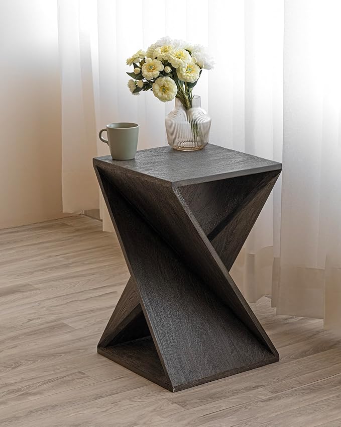 Modern Hand Made One-of-a-Kind Carved Mango Wood End Table, Farmhouse Side Table,Farmhouse End Table,Living Room,Bedroom, Accent Table, Contemporary Architectural Designed Grey,Assembled