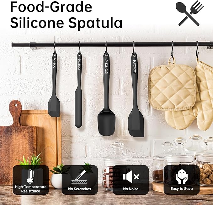 Barsone 4-Piece Silicone Spatula Set( Heat Resistant 446°F Food Grade BPA Free, Nonstick Cookware Safe Dishwasher Safe Kitchen Tools for Baking, Cooking, Stirring, Black)