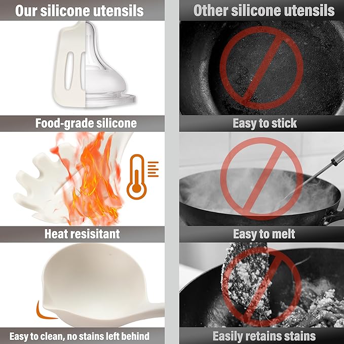 QMVESS Silicone Cooking Utensils Set, Kitchen Utensils Set 7 Pcs with Long Wooden Handle, Food Grade and Heat Resistant Large Silicone Spatula Set for Nonstick Cookware, BPA Free(White)