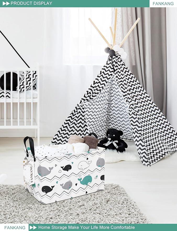FANKANG Storage Bins, Nursery Hamper Canvas Laundry Basket Foldable with Waterproof PE Coating Large Storage Baskets for Kids Boys and Girls, Office, Bedroom, Clothes,Toys(Rec-whales )