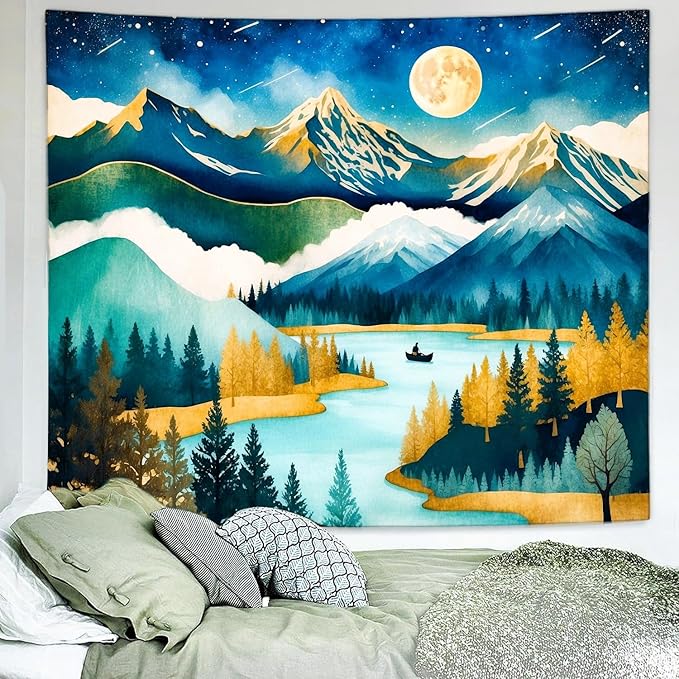 Delur Mountain Tapestry Boho Moon Stars Starry Night Tapestry Wall Hanging Forest Tree Nature Landscape Psychedelic Headboard for Bedroom Living Room Home Decor (59.1" x 78.7")